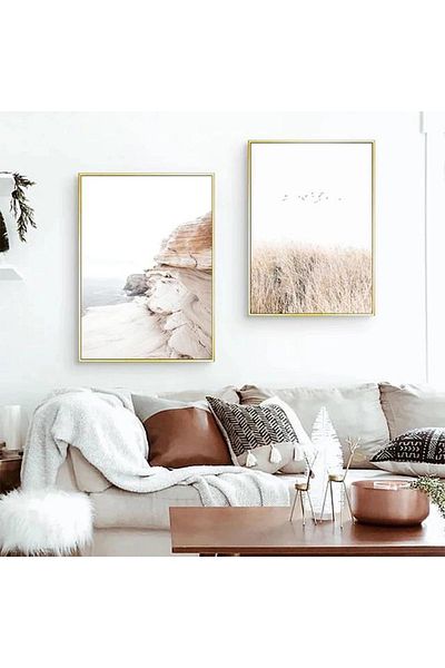 Linacci Set de picturi din sticlă modernă Soft Nature cu cadru dublu din metal auriu