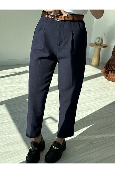 KÜBRA SÖYLEMEZ BOUTİQUE Navy Blue Belted Premium Fabric Trousers