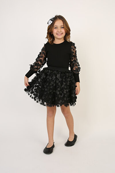 FATELLA Set de tricou și fustă cu imprimeu floral negru pentru fete, ținută d...