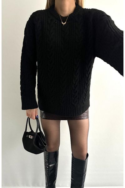 fujya Pulover din tricot cu păr negru - decolteu, supradimensionat