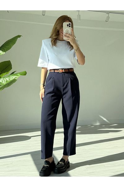 KÜBRA SÖYLEMEZ BOUTİQUE Navy Blue Belted Premium Fabric Trousers