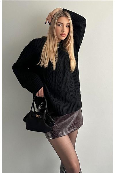 fujya Pulover din tricot cu păr negru - decolteu, supradimensionat