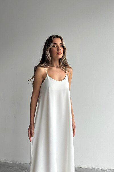Moda cameo Saten Viskon Askılı Elbise Beyaz