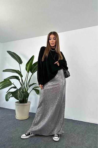 Qaju Gray Maxi Length Sequined Women's Skirt - Elastic Waist, Half Lined