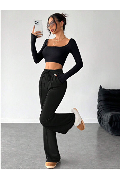 CAONNES Μαύρο ελαστικό άνετο παντελόνι φόρμας σε μεγάλο μέγεθος - Παντελόνι μ...