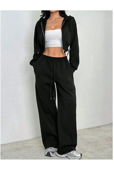 CAONNES Μαύρο Παντελόνι και Φούτερ Μεγάλου Μεγέθους με Ελαστικό και Άνετο Ύφα...