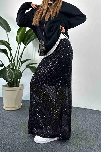 Qaju Kadın Beli Lastikli Yarım Astarlı Maxi Boy Pul Payetli Etek Siyah