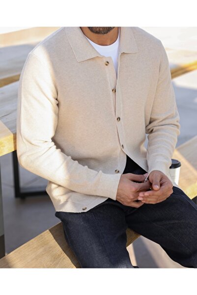 hateko 100% Cotton Beige Waffle Knit Shirt Collar Knitwear Cardigan