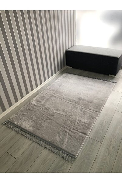 lilium Açık Gri Saçaklı Peluş Halı Kaymaz Taban Yıkanabilir Oturma Odası Salo...