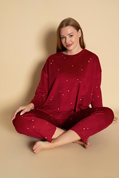 DOFİ Dofi Kadın Kırmızı Süpersoft Pijama Takımı – Salaş, Minik Puantiye Desenli