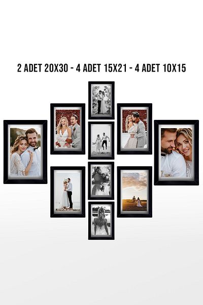yhfoto Black Multi Frame - Photo Frame - 2 Pieces 20x30 - 4 Pieces 15x21 - 4 Pieces 10x15 - Wooden MDF