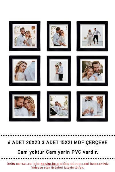 yhfoto 9 Pieces of Frame - Multiple MDF Frames - 6 Pieces of 20x20 - 3 Pieces of 15x21 Black Photo Frame