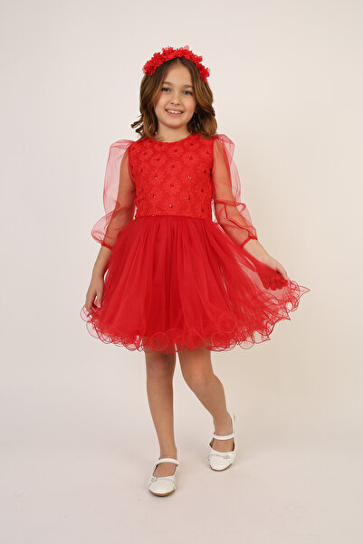 nacar çarşı Κοριτσίστικο φόρεμα με κόκκινα λουλούδια και μανίκια από τούλι, σ...