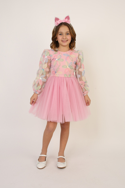 nacar çarşı Κοριτσίστικο ροζ μικτό χρώμα με μοτίβο λουλουδιών μανίκια φόρεμα ...