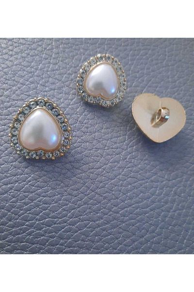 Beyna 1.5cm Heart Metalized Button with Crystal Stones and Pearls - 4Pcs 1 Pack