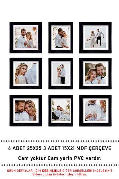 yhfoto 9 Pieces Frame Black - Multiple MDF Frames - 6 Pieces 25x25 - 3 Pieces 15x21 Photo Frame