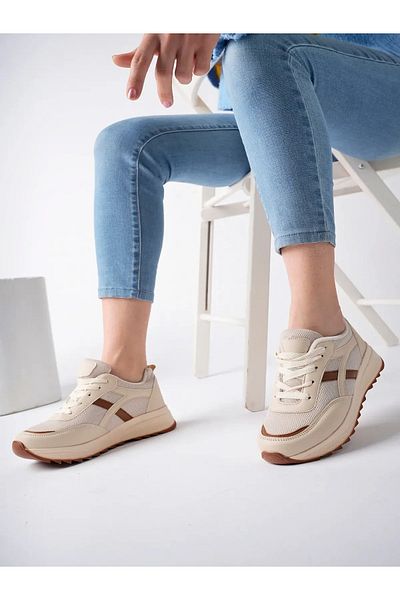 Ayakkabı Ülkesi Pantofi de damă, bej, nurcă, ortopedici, cu șireturi, flexibili, confortabili, de calitate, utili, pantofi sport zilnici