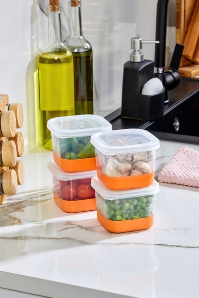 Poomy 4'Lü Set Silikon Tabanlı Dikdörtgen 550 ml Difriz Saklama Kabı - Derin Dondurucu Saklama Kabı