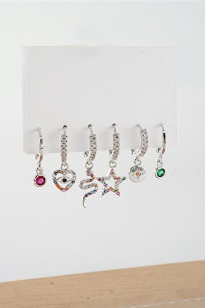 By Zeyna Aksesuar Kadın Vip Seri  Antialerjik Baget Zirkon Taşlı 6'lı Küpe