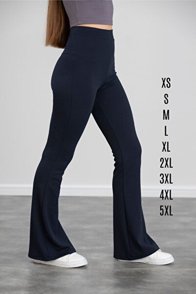 TÜCCAR UMUT Kadın Lacivert Yazlık Ispanyol Paça Krep Kumaş Yüksek Bel Likralı...