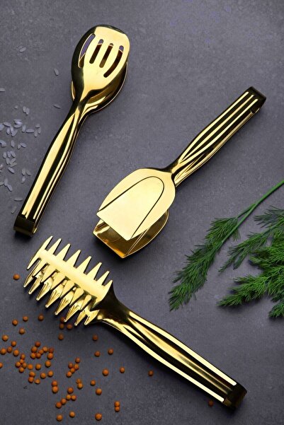 Demir Çeyiz مجموعة ملقط كعكة السلطة والمعكرونة والسلطة باللون الذهبي من Dmr Life، 3 قطع