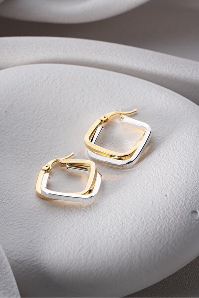 Nereze 925 Ayar Gümüş Çift Renk Köşeli Kare Model Şarnel Küpe