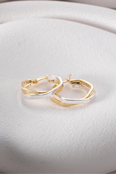 Nereze 925 Ayar Gümüş Çift Renk Köşeli Beşgen Şarnel Küpe