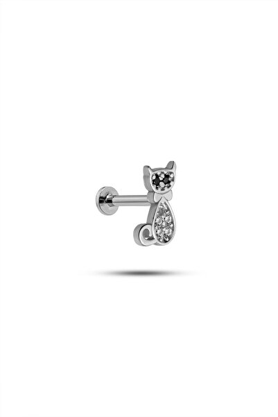 Nereze 925 Ayar Gümüş Rodyumlu Minimal Zirkon Taşlı Kedi Tragus Piercing Küpe