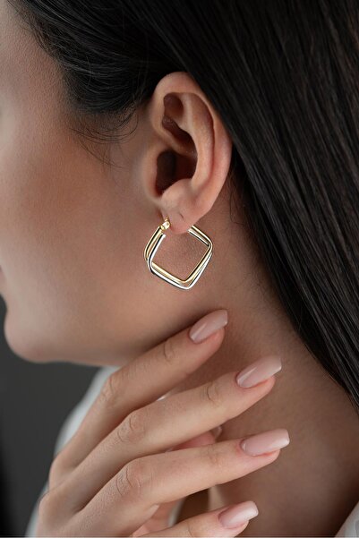 Nereze 925 Ayar Gümüş Çift Renk Kare Halka Küpe