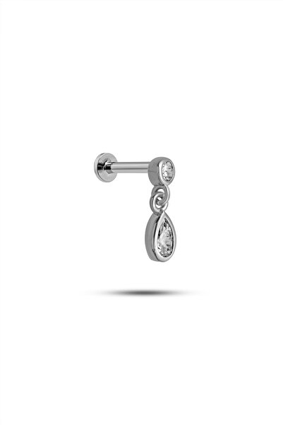 Nereze 925 Ayar Gümüş Rodyumlu Minimal Sallantılı Damla Taşlı Tragus Piercing...