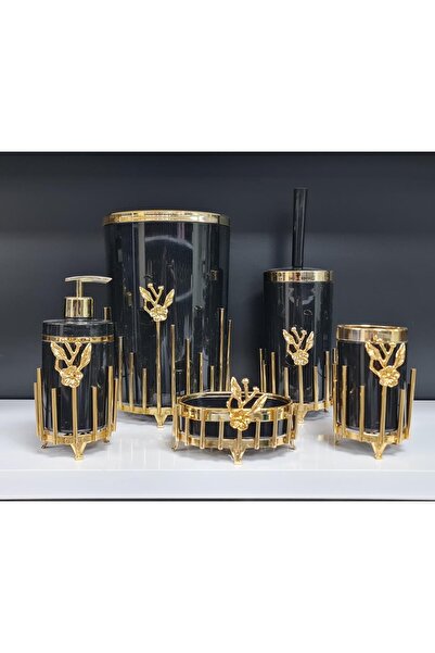 GuvenliPazar 5 Parça Akrilik Yuvarlak Banyo Seti Siyah Gold Kromaj Gold Japon Güllü