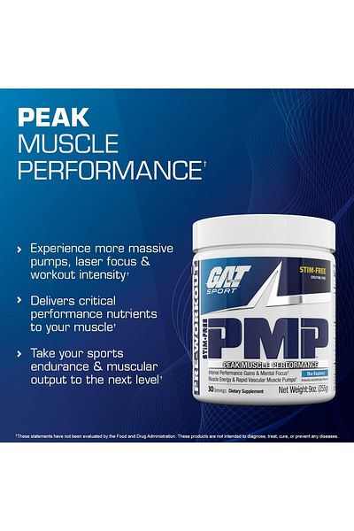 GAT SPORT Pmp Stim-free Pre-workout, Blue Raspberry, 30 Servings, Peak Muscle Performance
