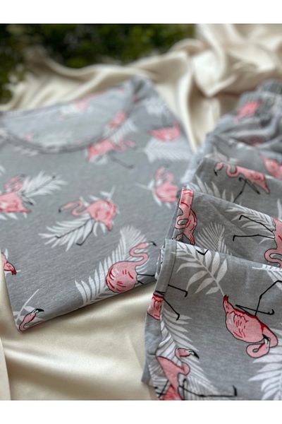 KARAZ Flamingo Patterned Gray and Pink Pajama Set