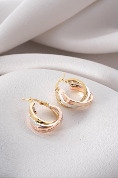 Nereze 925 Ayar Gümüş Üç Renk 25 mm Köşeli Kalın Halka Şarnel Küpe