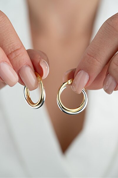 Nereze 925 Ayar Gümüş Çift Renk Halka Tasarım Şarnel Küpe