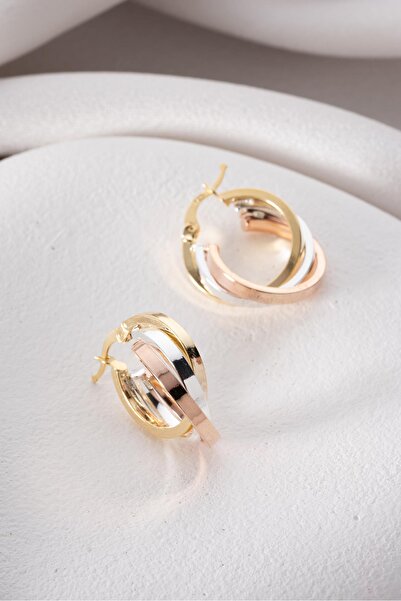 Nereze 925 Ayar Gümüş Üç Renk 25 mm Köşeli Kalın Halka Şarnel Küpe