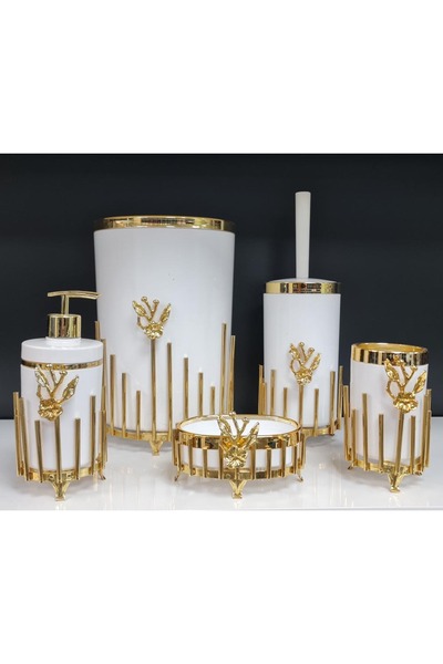 GuvenliPazar 5 Parça Akrilik Yuvarlak Banyo Seti Beyaz Gold Kromaj Gold Japon...