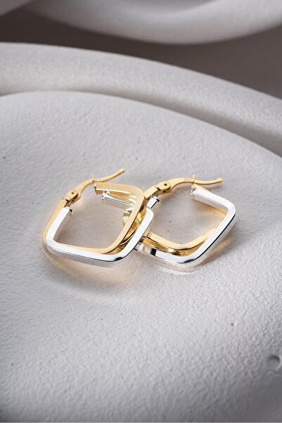 Nereze 925 Ayar Gümüş Çift Renk Köşeli Kare Model Şarnel Küpe