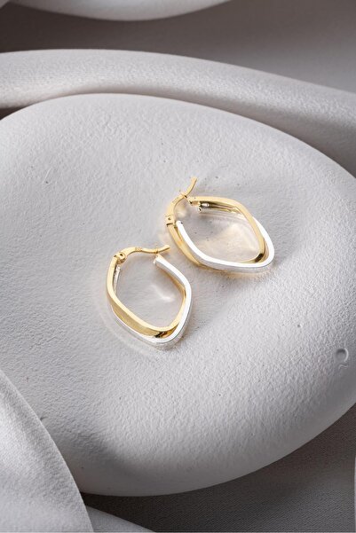 Nereze 925 Ayar Gümüş Çift Renk Köşeli Şarnel Küpe