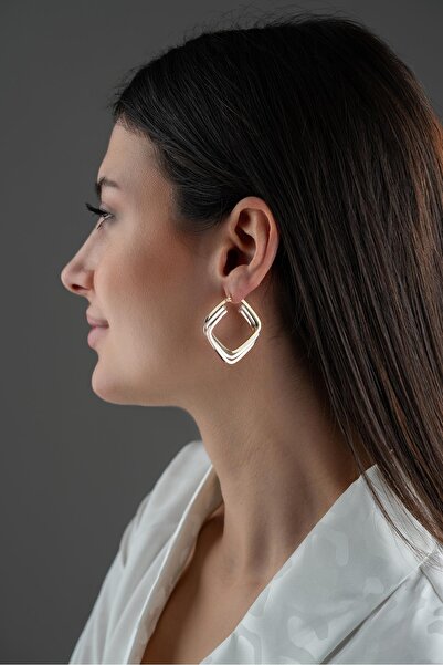 Nereze 925 Ayar Gümüş Üç Renk Kalın Köşeli Kare Model Küpe