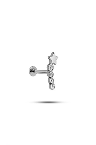 Nereze 925 Ayar Gümüş Rodyumlu Minimal Kayan Yıldız Dört Taşlı Tragus Piercin...
