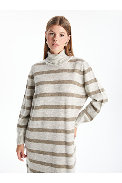 LC Waikiki Pruhované oversize pletené dámské šaty s rolákem - dlouhý rukáv