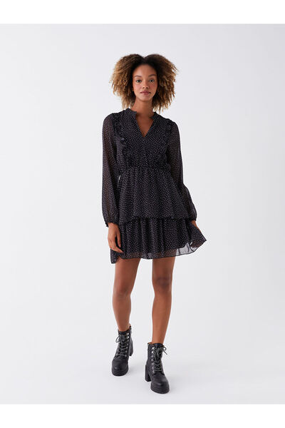 LC Waikiki Xside New Black Leak Collar Puntíkované dámské šaty s dlouhým rukávem