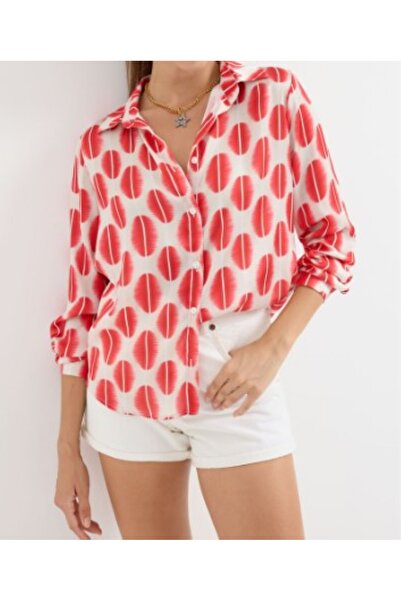ZY BUTİK Red Patterned Lightweight Draped Satin Shirt