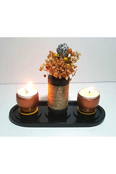 Bay3 Hobi Tepsili şamdan seti, çiçekli şamdan seti (Altın)