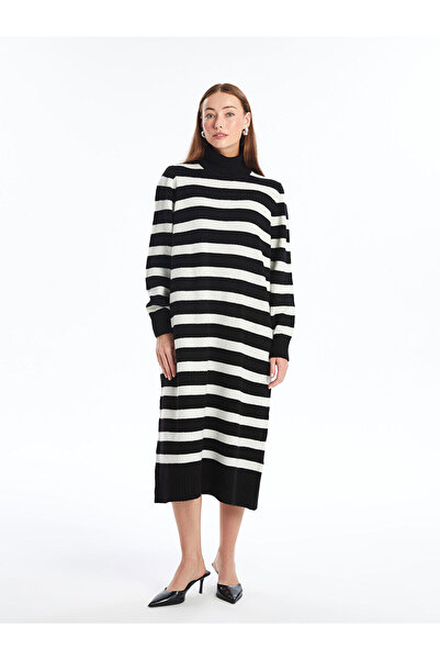LC Waikiki Black Turtleneck Striped Long Sleeve Oversized Women's Knitwear Dress