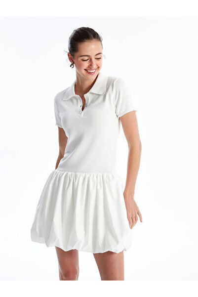 LC Waikiki Ecru Polo Neck Plain Short Sleeve Knit Dress