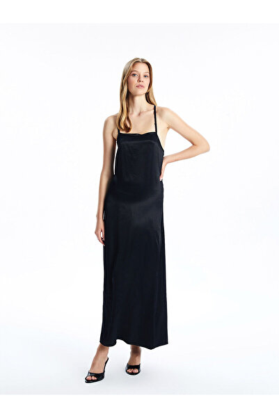 LC Waikiki Nevavm Farkıyla Natuvera Black Square Neck Satin Dress with Rope S...