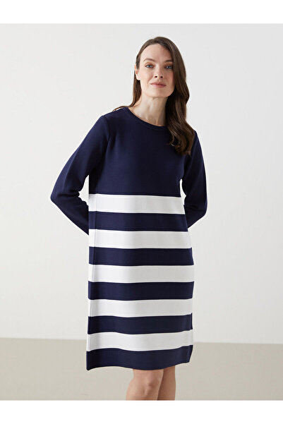 LC Waikiki Navy Blue Crew Neck Color Block Women's Knitwear Dress