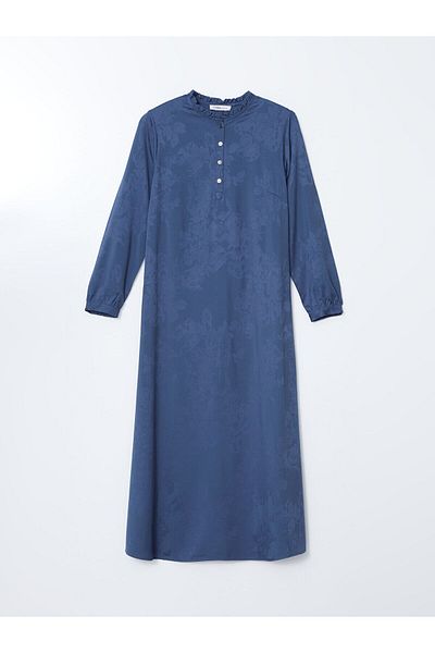 LC Waikiki Γυναικείο φλοράλ φόρεμα LCW Grace Indigo Ruffle Stand Collar